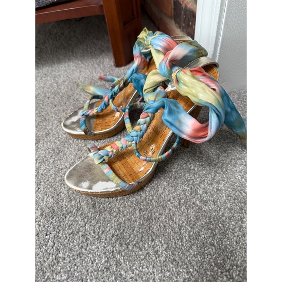 Bakers Shoes - Y2K Tie Dye Ankle Wrap Cork Platform Sandals Multi Color Size 8.5